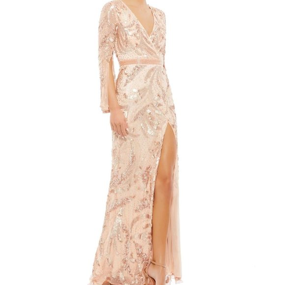 NWT MAC DUGGAL FORMAL ROSE GOLD FAUX WRAP EMBELLISHED LONG GOWN 5222‎ - Picture 1 of 5